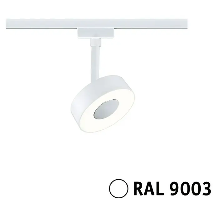 Paulmann URail LED-Spot Circle - Signalweiß, 5 x 9,8 x 15,4 cm, Warmweiß - Bild einer weißen LED-Deckenleuchte mit der Farbbezeichnung RAL 9003.