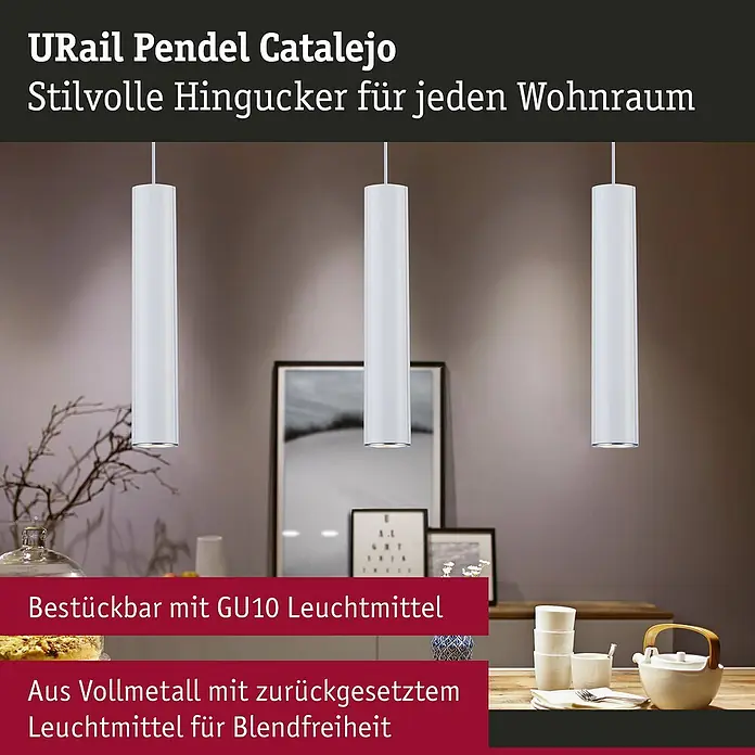 Paulmann URail Pendelleuchte Catalejo - Signalweiß, Höhe: 150 cm - Die URail Pendel Catalejo Leuchten sind stilvolle Hingucker für jeden Wohnraum. Aus Vollmetall gefertigt und mit GU10 Leuchtmitteln bestückbar.