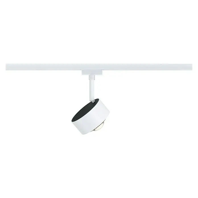 Paulmann URail LED-Spot Aldan - Signalweiß, Warmweiß, Ø x H: 9,8 x 17 cm - Weiße, zylindrische Schienenleuchte mit verstellbarem Spot auf schwarzem Hintergrund. Moderne Innenbeleuchtung für flexible Lichtgestaltung.