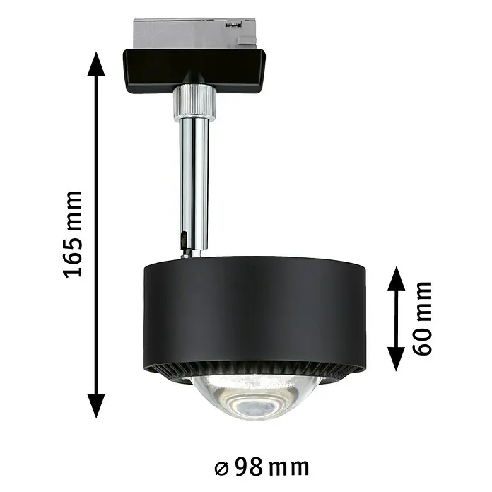Paulmann URail LED-Spot Aldan - Schwarz matt, Kaltweiß, Ø x H: 9,9 x 17,9 cm - Produktbild einer schwarzen Deckeneinbauleuchte mit den Maßen 165 mm Höhe und einem Durchmesser von 98 mm. Die Leuchte hat ein modernes Design.