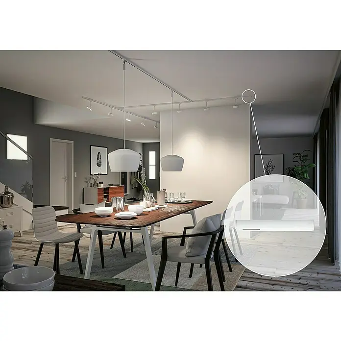 Paulmann URail End-Einspeisung - 16,1 cm, 1.000 W, Signalweiß - Ein stilvolles Esszimmer mit einer modernen Pendelleuchte über einem Holztisch, der ein elegantes Ambiente schafft.