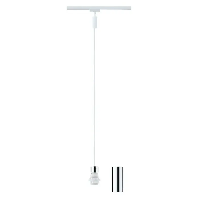 Paulmann URail 2Easy Pendelleuchte Basic - Signalweiß, Höhe: 150 cm - Nahaufnahme einer modernen, weißen Lampenaufhängung mit silbernem Lampensockel und Zylinder.