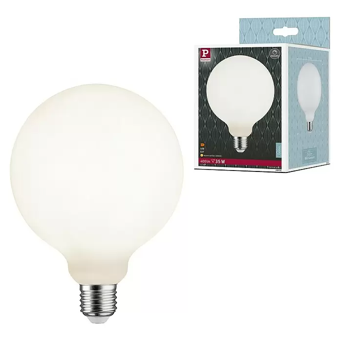 Paulmann LED-Lampe White Lampion Filament glatt - E27, Dimmbar, Warmweiß, 400 lm, 4 W - Große, runde, mattierte LED-Glühbirne mit E27-Sockel, zusammen mit der Verkaufsverpackung.