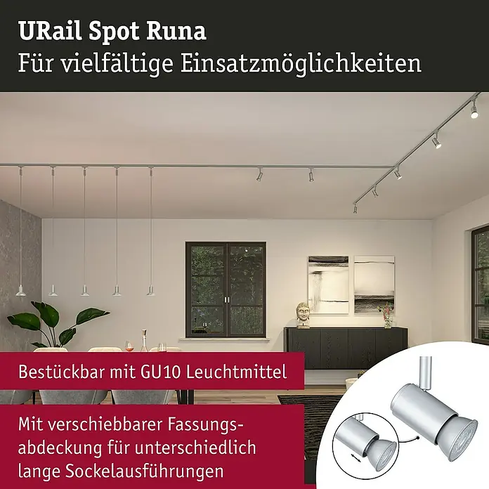 Paulmann URail LED-Spot Runa - 10 W, Chrom matt, 3,5 x 6 x 13,3 cm - URail Spot Runa für vielfältige Einsatzmöglichkeiten. Der flexible Spot mit GU10 Leuchtmittel und verschiebbarer Fassungsabdeckung.