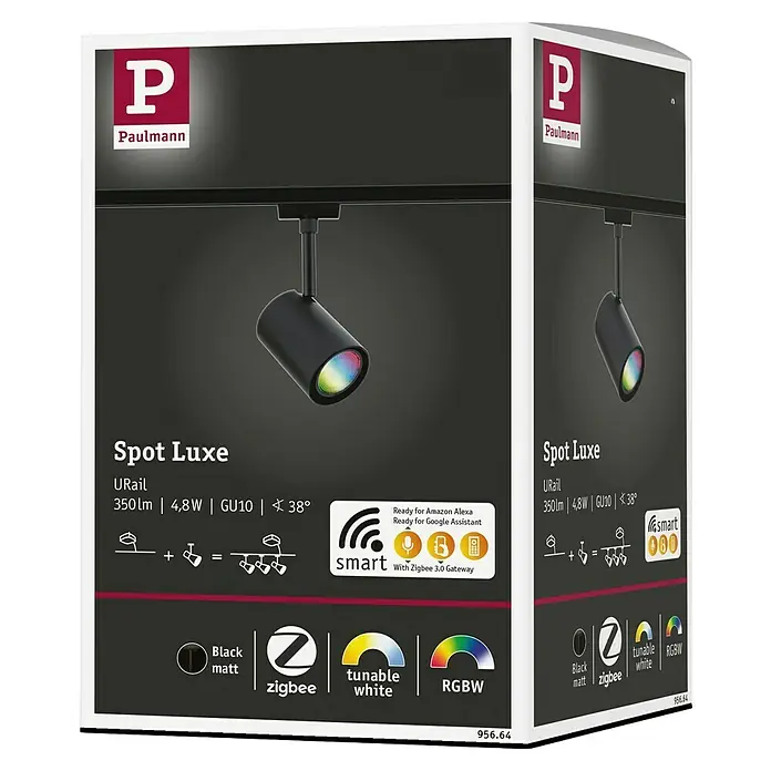 Paulmann URail LED-Spot Luxe - 10 W, Schwarz matt, 6,5 x 9 x 16,3 cm, RGBW - Produktverpackung für Paulmann URail Spot Luxe, ein intelligenter, schwarzer Strahler mit Zigbee-Kompatibilität, tunable white und RGBW-Farboptionen.