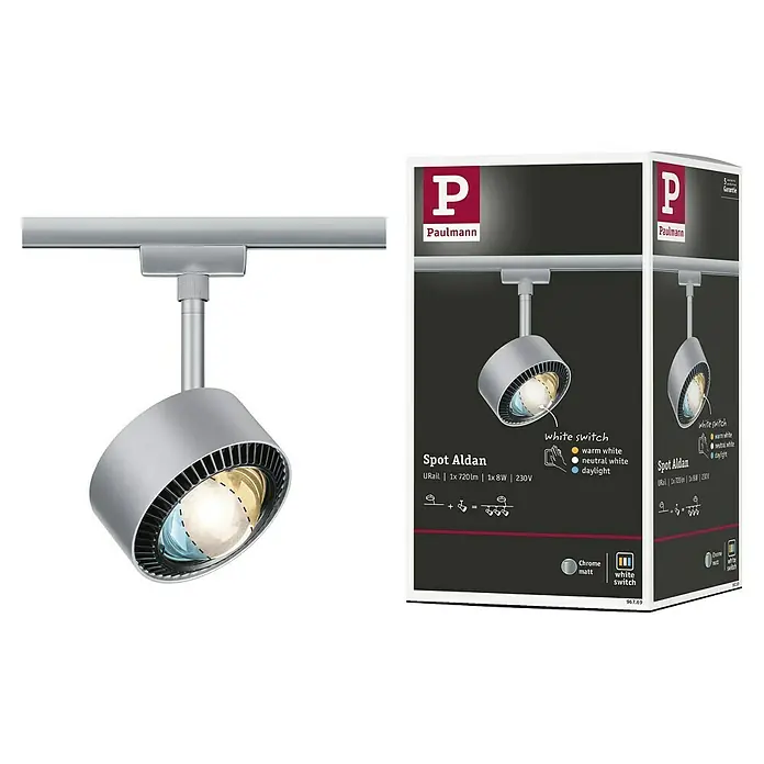 Paulmann URail LED-Spot Aldan - Chrom matt, Kaltweiß, Ø x H: 9,9 x 17,9 cm - Produktbild des Paulmann Spot Aldan, einer eleganten U-Rail Leuchte mit einstellbarer Farbtemperatur für flexible Beleuchtung.