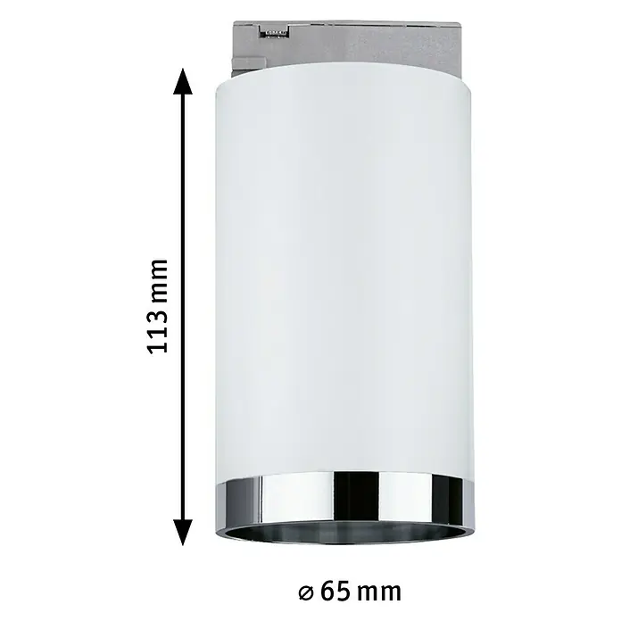 Paulmann URail LED-Spot Tube - Signalweiß, GU10, Ø x H: 6,5 x 12,8 cm - Nahaufnahme einer runden, weißen Wandleuchte mit Chromrand und den Maßen 113 mm Höhe und 65 mm Durchmesser.