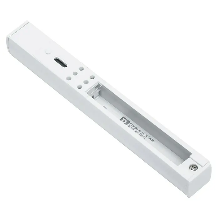 Paulmann URail End-Einspeisung - 16,1 cm, 1.000 W, Signalweiß - Ein weißer Paulmann Licht Aufbau Spot mit diversen Löchern und einem länglichen, rechteckigen Ausschnitt.