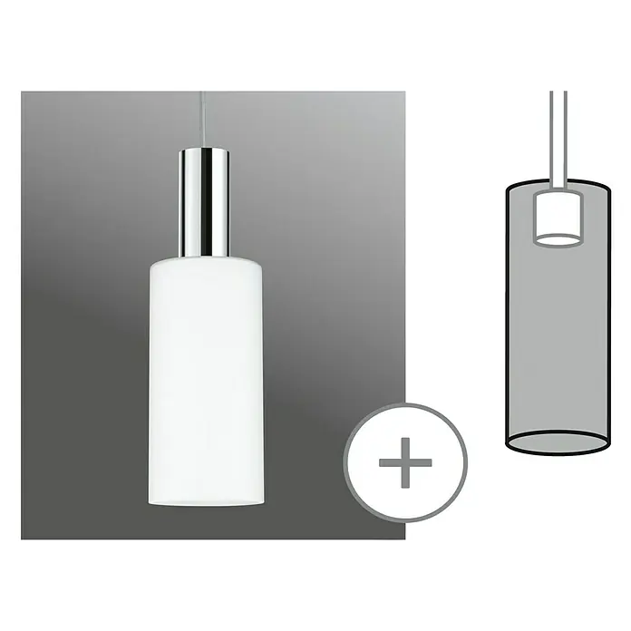 Paulmann URail Lampenschirm Raja - Ø x H: 10 x 21 cm, Opal, E27, Glas - Elegante zylindrische Pendelleuchte mit glänzendem Chromaufsatz und milchig-weißem Lampenschirm, kombiniert mit einer schematischen Darstellung.