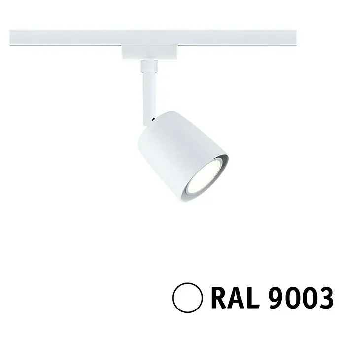 Paulmann URail LED-Spot Cover - 10 W, Signalweiß, GU10 - Dieses Bild zeigt einen weißen LED-Strahler an einer Schiene, die eine helle und moderne Beleuchtungslösung darstellt. RAL 9003 wird dargestellt.
