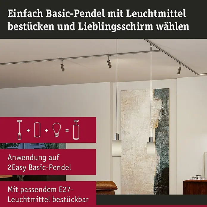 Paulmann URail Lampenschirm Valerio - E27, Grau, Ø x H: 10 x 18 cm - Bild zeigt ein einfaches Basic-Pendel mit Leuchtmittel, bestückt mit einem Lieblingsschirm, ideal für individuelle Lichtgestaltung im Raum.
