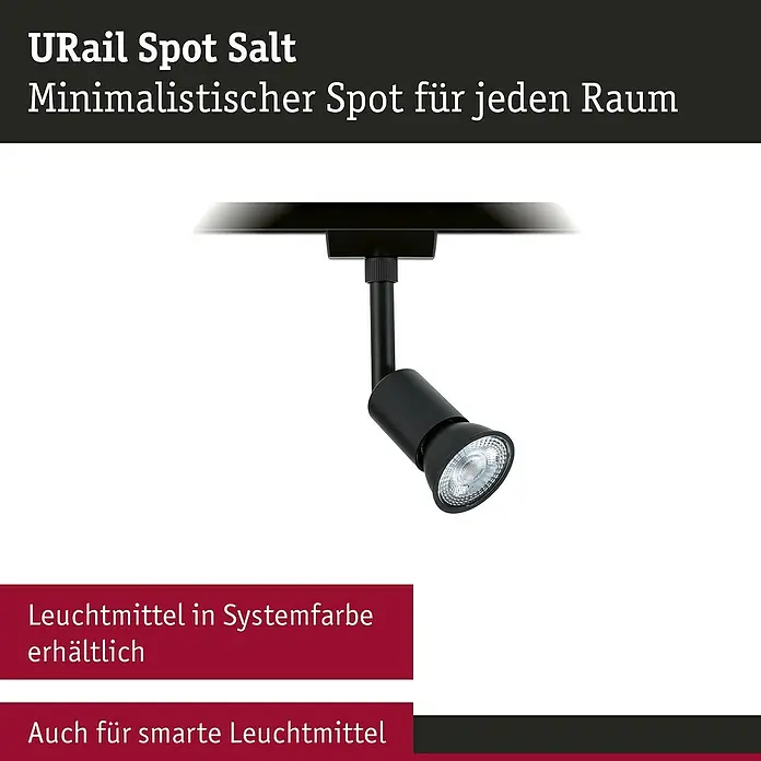 Paulmann URail LED-Spot Salt - 10 W, Schwarz matt, 3,5 x 4,5 x 11,3 cm - Abbildung eines schwarzen URail Spot Salt Strahlers, ein minimalistischer Spot für jeden Raum.