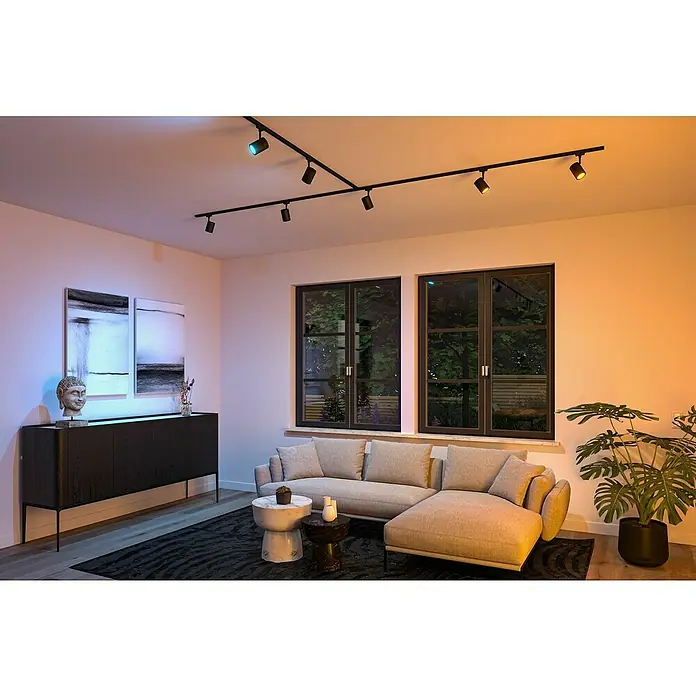 Paulmann URail Foco para riel Spot Luxe - 10 W, Negro, 6,5 x 9 x 16,3 cm, RGBW - Sistema de iluminación de riel negro con múltiples focos que iluminan la habitación. Las lámparas modernas están montadas en el techo para iluminar.