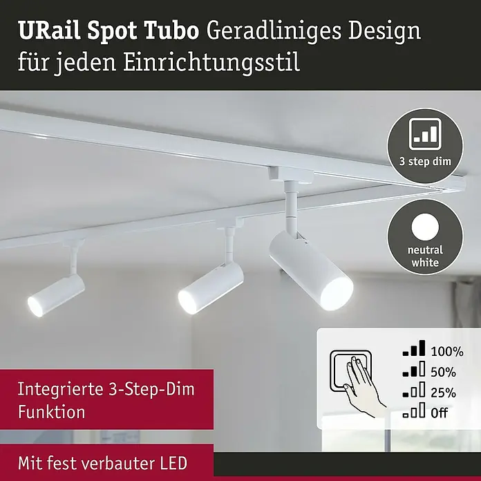 Paulmann URail LED-Spot Tubo - 5 W, Neutralweiß, Signalweiß - URail Spot Tubo: Geradliniges Design für jeden Einrichtungsstil. Mit integrierter 3-Step-Dim Funktion und fest verbauter LED.