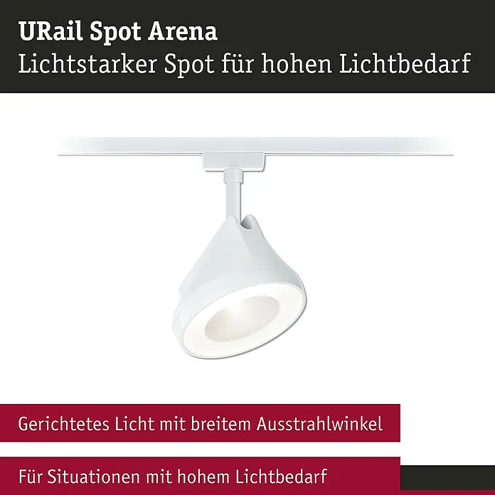 Paulmann URail LED-Spot Arena - Signalweiß, 7,8 x 12,3 x 19,1 cm, Warmweiß - Produktbild einer weißen URail Spot Arena Lampe, die sich ideal für Räume mit hohem Lichtbedarf eignet.