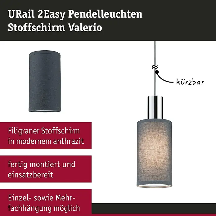 Paulmann URail Lampenschirm Valerio - E27, Anthrazit, Ø x H: 10 x 18 cm - Produktansicht der URail 2Easy Pendelleuchte Stoffschirm Valerio in modernem Anthrazit, höhenverstellbar für individuelle Beleuchtung.