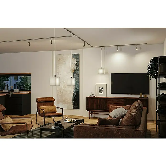 Paulmann URail Lampenschirm Verona - L x B x H: 13 x 25 x 20 cm, E27, Grau - Wohnzimmer mit modernem Beleuchtungssystem. Die Leuchten hängen von der Decke und sorgen für ein warmes, einladendes Ambiente.