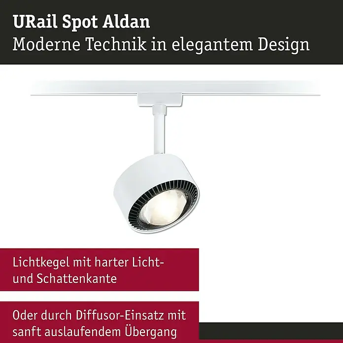 Paulmann URail LED-Spot Aldan - Signalweiß, Neutralweiß, Ø x H: 9,8 x 17 cm - Das Bild zeigt einen URail Spot Aldan, eine moderne und elegante Deckenleuchte. Perfekt für stilvolle Beleuchtung in jedem Raum.