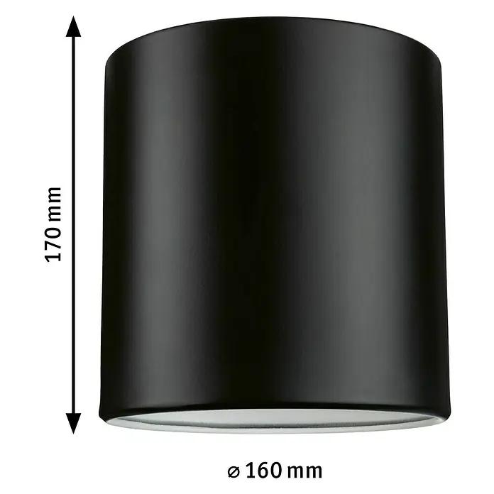 Paulmann URail Lampenschirm Tallis - E27, Ø x H: 16 x 17 cm, Schwarz matt - Produktbild einer zylindrischen, schwarzen Deckenleuchte mit den Maßen 170 mm Höhe und 160 mm Durchmesser.