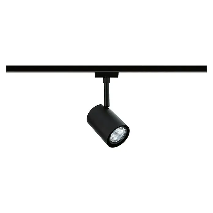 Paulmann URail LED-Spot Luxe - 10 W, Schwarz matt, 6,5 x 9 x 16,3 cm, RGBW - Nahaufnahme einer modernen schwarzen LED-Strahlerlampe, die an einer schwarzen Schiene befestigt ist, perfekt für stilvolle Akzentbeleuchtung.