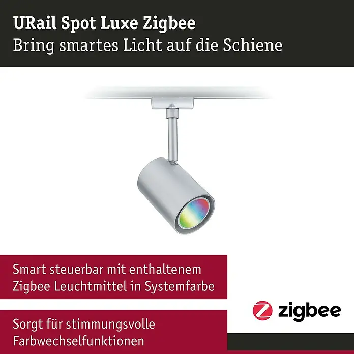 Paulmann URail LED-Spot Luxe - 10 W, Chrom matt, 6,5 x 9 x 16,3 cm, RGBW - Das Bild zeigt einen URail Spot Luxe Zigbee, der smart gesteuert werden kann und stimmungsvolle Farbwechselfunktionen bietet.