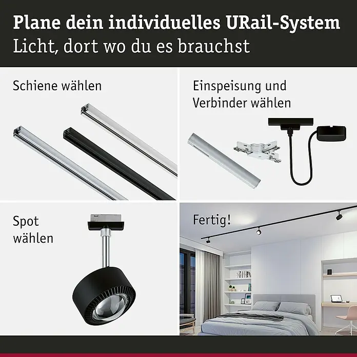 Paulmann URail LED-Spot Aldan - Schwarz matt, Kaltweiß, Ø x H: 9,9 x 17,9 cm - URail-System: Schiene in Silber und Schwarz wählen, Einspeisung und Verbinder, Spot. Fertige Installation im modernen Schlafzimmer.
