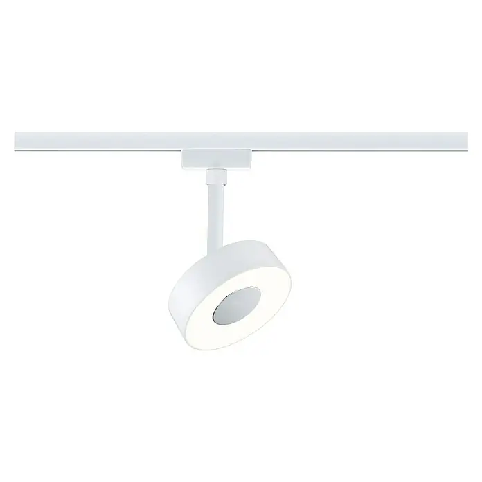 Paulmann URail LED-Spot Circle - Signalweiß, 5 x 9,8 x 15,4 cm, Warmweiß - Diese Aufnahme zeigt eine moderne, weiße LED-Deckenleuchte an einer Schiene, die durch ihr minimalistisches und stilvolles Design besticht.
