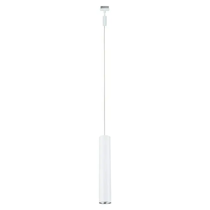 Paulmann URail Pendelleuchte Catalejo - Signalweiß, Höhe: 150 cm - Nahaufnahme einer modernen, weißen Hängeleuchte mit zylindrischem Schirm und schlanker Aufhängung. Elegantes Design für stilvolle Beleuchtung.