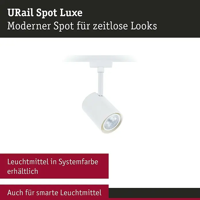 Paulmann URail LED-Spot Luxe - 10 W, Signalweiß, 6,5 x 9 x 16,3 cm - Abbildung einer weißen URail Spot Luxe, ein moderner Spot für zeitlose Looks, mit Leuchtmittel in Systemfarbe erhältlich.