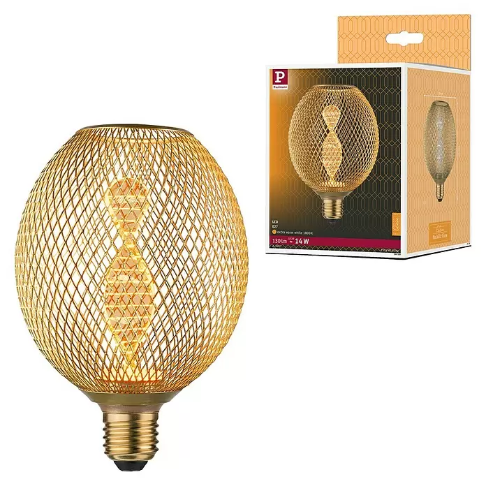 Paulmann LED-Lampe Metallic Glow Helix Globe - E27, Dimmbarkeit: Nicht Dimmbar, Warmweiß, 130 lm, 3,5 W, Messing - Goldene Gitter-LED-Glühbirne mit E27-Sockel und dekorativem Filament, zusammen mit ihrer Paulmann-Verpackung dargestellt.