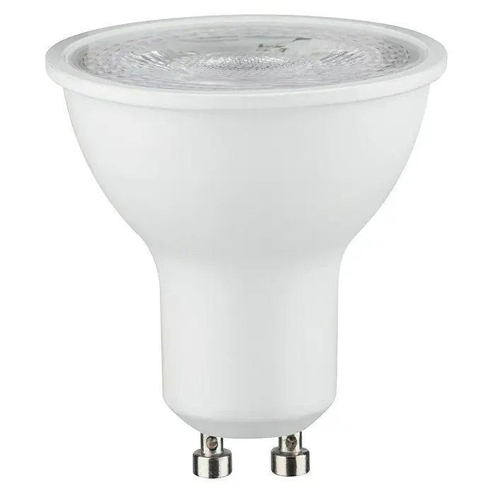 Paulmann LED-Lampe Reflektor Standard - GU10, Nicht Dimmbar, Neutralweiß, 250 lm, 3,5 W, 1 Stk. - Nahaufnahme einer weißen GU10 LED-Lampe mit klarem Reflektor und zwei Stiftanschlüssen auf schwarzem Hintergrund.