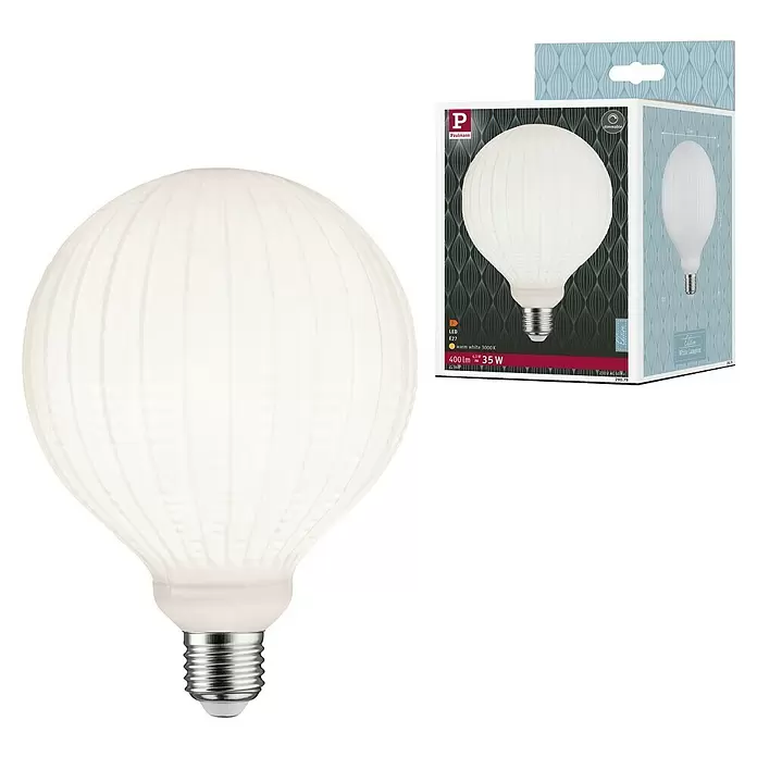 Paulmann LED-Lampe White Lampion Filament gestreift - E27, Dimmbar, Warmweiß, 400 lm, 4 W - Weiße dekorative LED-Glühbirne mit geripptem Glaskolben und Paulmann-Verpackung.