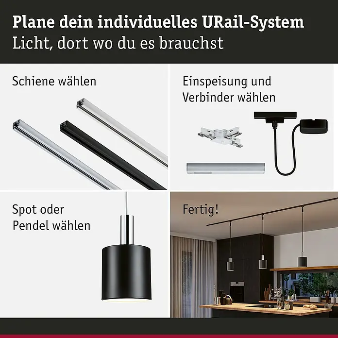 Paulmann URail Lampenschirm Tallis - E27, Ø x H: 16 x 17 cm, Schwarz matt - URail-System: Schienen, Einspeisung, Verbinder, Spots und Pendel zur individuellen Lichtgestaltung nach Bedarf. Fertig montiertes System im Küchenbeispiel.