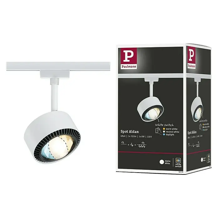Paulmann URail LED-Spot Aldan - Signalweiß, Kaltweiß, Ø x H: 9,9 x 17,9 cm - Das Paulmann Spot Aldan URail-Beleuchtungssystem: 1x720lm, 1x8W, 230V, mit Alpinweiß und Schalter für warmweiß, neutralweiß und Tageslicht.