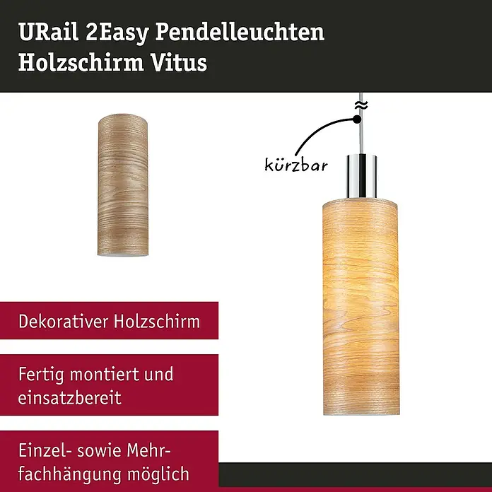 Paulmann URail Lampenschirm Vitus - E27, Light Oak, Ø x H: 11 x 30 cm - URail 2Easy Pendelleuchte Holzschirm Vitus, dekorativer Holzschirm, fertig montiert und einsatzbereit, Einzel- sowie Mehrfachhängung möglich.