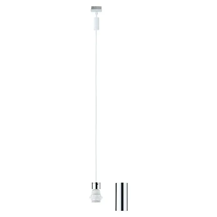 Paulmann URail 2Easy Pendelleuchte Basic - Signalweiß, Höhe: 150 cm - Nahaufnahme einer modernen, weißen Hängeleuchte mit einer minimalistischen Chromhülle, die Eleganz und modernes Design vereint.