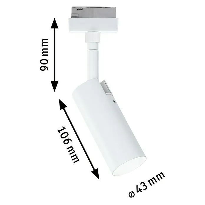 Paulmann URail LED-Spot Tubo - 5 W, Neutralweiß, Signalweiß - Produktbild einer weißen Aufbaulampe mit Maßangaben für Höhe, Länge und Durchmesser zur Verwendung in Innenräumen.