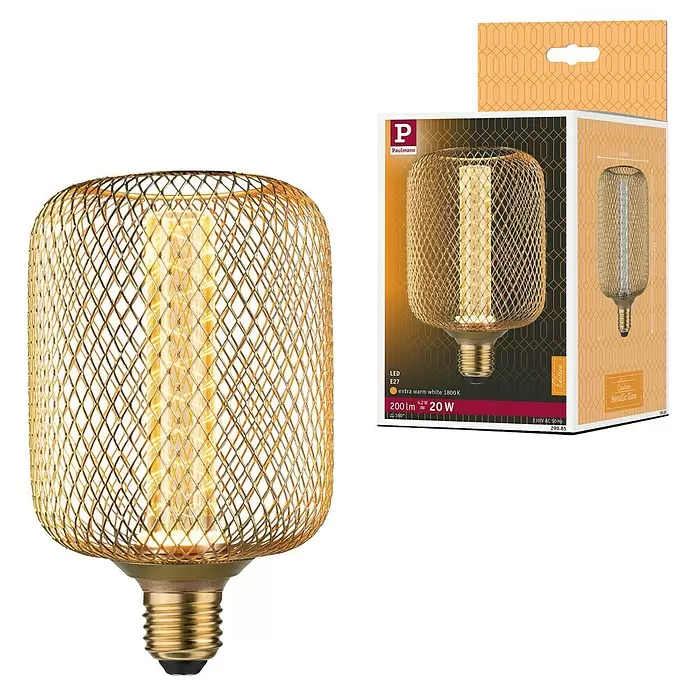 Paulmann LED-Lampe Metallic Glow Helix - E27, Nicht Dimmbar, Warmweiß, 200 lm, 4,2 W, 1 Stk., Messing - Eine dekorative goldene LED-Glühbirne mit Metallgitter und E27-Sockel.