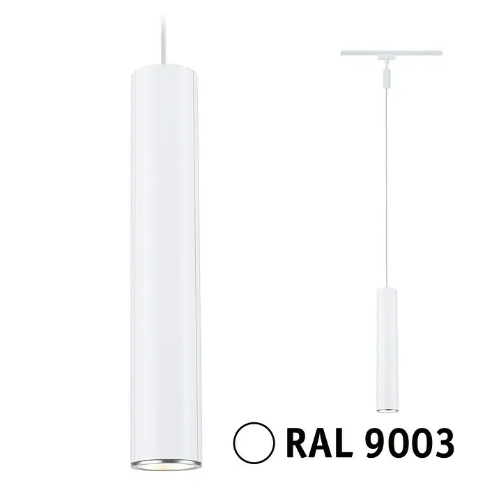 Paulmann URail Pendelleuchte Catalejo - Signalweiß, Höhe: 150 cm - Produktabbildung einer weißen zylinderförmigen Pendelleuchte, die durch ihr minimalistisches Design besticht und sich gut in moderne Räume einfügt.
