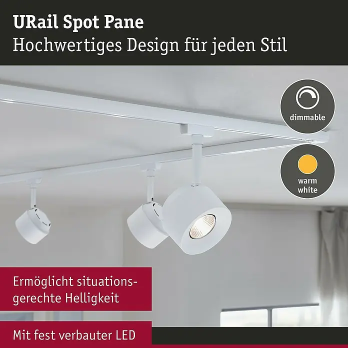 Paulmann URail LED-Spot Pane - Signalweiß, Warmweiß - Produktbild einer URail Spot Pane, die dimmbar ist und warmweißes Licht spendet. Verfügt über fest verbaute LEDs und situationsgerechte Helligkeit.