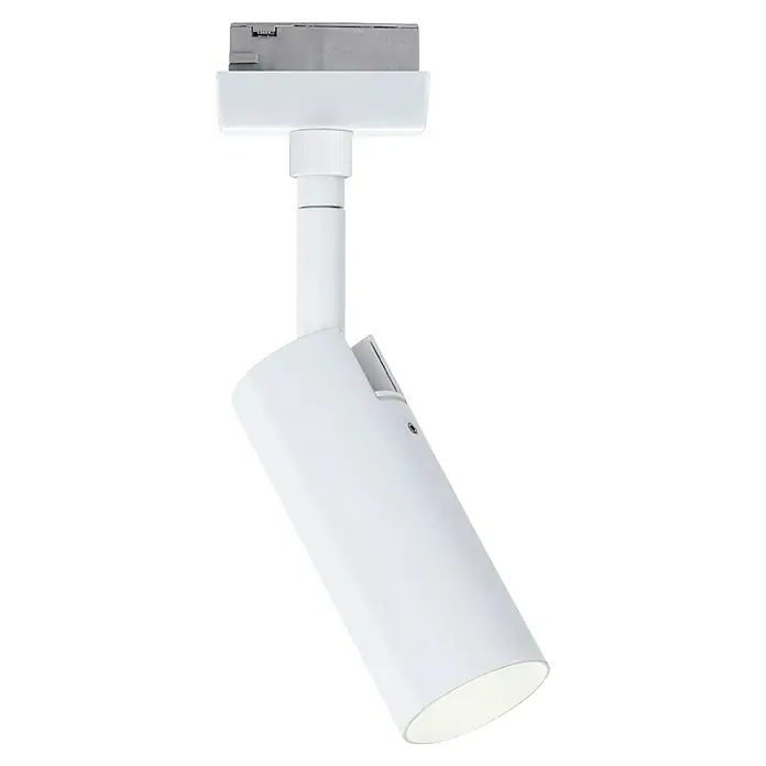 Paulmann URail LED-Spot Tubo - 5 W, Warmweiß, Signalweiß - Diese Nahaufnahme zeigt eine moderne, weiße Stromschienenleuchte mit verstellbarem Spot und minimalistischem Design. Ideal für flexible Beleuchtungskonzepte.
