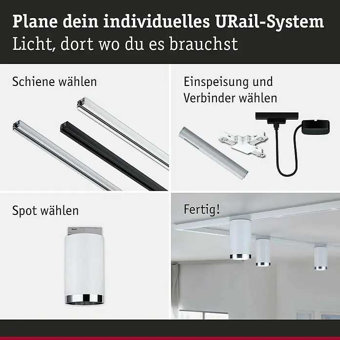 Paulmann URail LED-Spot Tube - Signalweiß, GU10, Ø x H: 6,5 x 12,8 cm - URail-System-Planung: Schienen, Einspeisung, Verbinder und Spots auswählen, um individuelle Lichtlösungen zu erstellen.