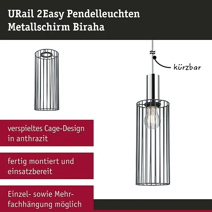 Paulmann URail Lampenschirm Biraha - E27, Ø x H: 12 x 29 cm, Anthrazit - URail 2Easy Pendelleuchte Biraha mit Metallschirm, im verspielten Cage-Design in Anthrazit, kürzbar und fertig montiert für flexible Beleuchtung.