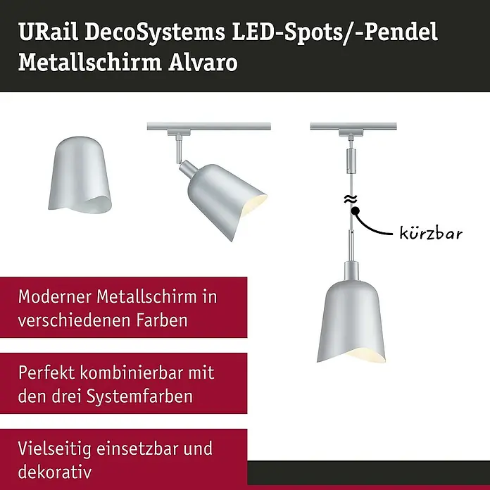 Paulmann URail Lampenschirm Alvaro - E14, Ø x H: 14,4 x 17 cm, Chrom - Produktbild: URail DecoSystems LED-Spots/-Pendel Metallschirm Alvaro. Der Metallschirm ist modern, farbenfroh, kombinierbar und dekorativ.