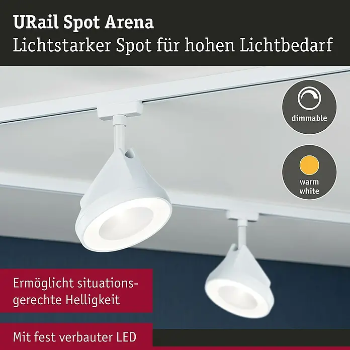 Paulmann URail LED-Spot Arena - Signalweiß, 7,8 x 12,3 x 19,1 cm, Warmweiß - Das Bild zeigt zwei weiße URail Spot Arena Lampen an einer Schiene, die dimmbar sind und warmweißes Licht spenden.