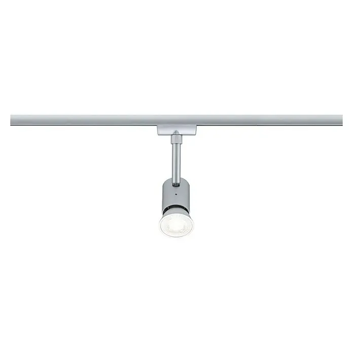 Paulmann URail LED-Spot Runa - 10 W, Chrom matt, 3,5 x 6 x 13,3 cm - Nahaufnahme einer modernen, silbernen Schienenleuchte mit einem hellen Licht, die an einer Schiene befestigt ist.