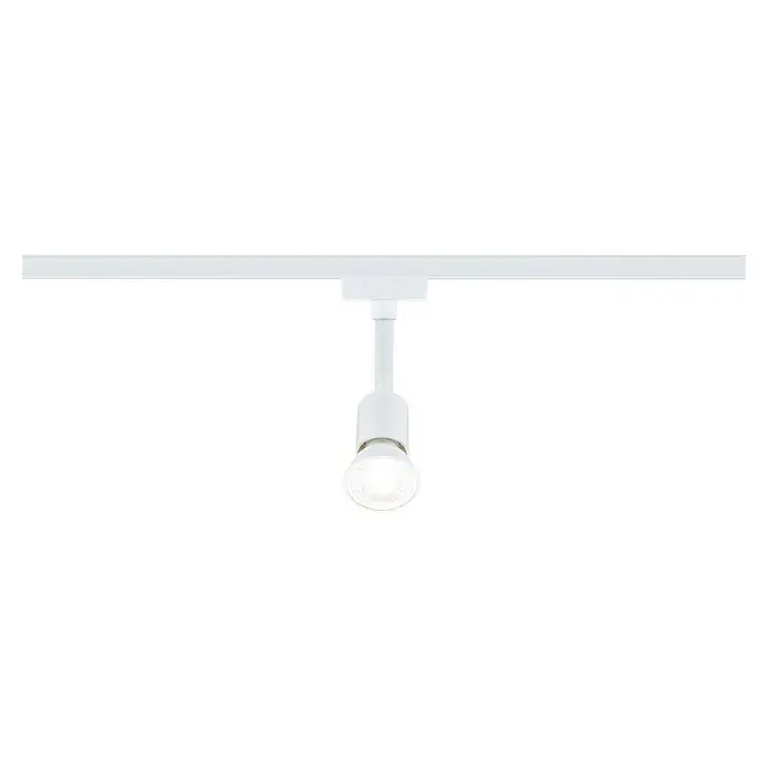 Paulmann URail LED-Spot Salt - 10 W, Signalweiß, 3,5 x 4,5 x 11,3 cm - Nahaufnahme einer weißen LED-Schienenleuchte, die ein helles, fokussiertes Licht abgibt und eine moderne Beleuchtungslösung darstellt.