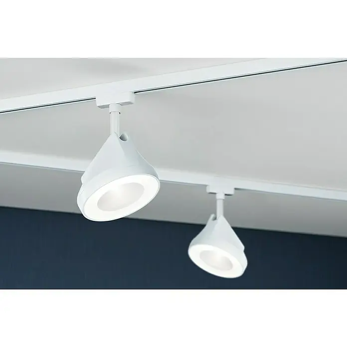 Paulmann URail LED-Spot Arena - Signalweiß, 7,8 x 12,3 x 19,1 cm, Neutralweiß - Nahaufnahme von zwei modernen weißen Deckenstrahlern mit LED-Beleuchtung an einer Schiene. Elegantes, minimalistisches Design für Innenräume.