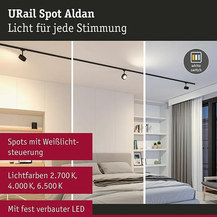 Paulmann URail LED-Spot Aldan - Schwarz matt, Kaltweiß, Ø x H: 9,9 x 17,9 cm - URail Spot Aldan: Flexible Beleuchtung für jede Stimmung. Das Lichtsystem ermöglicht verschiedene Weißlichtsteuerungen und Lichtfarben.