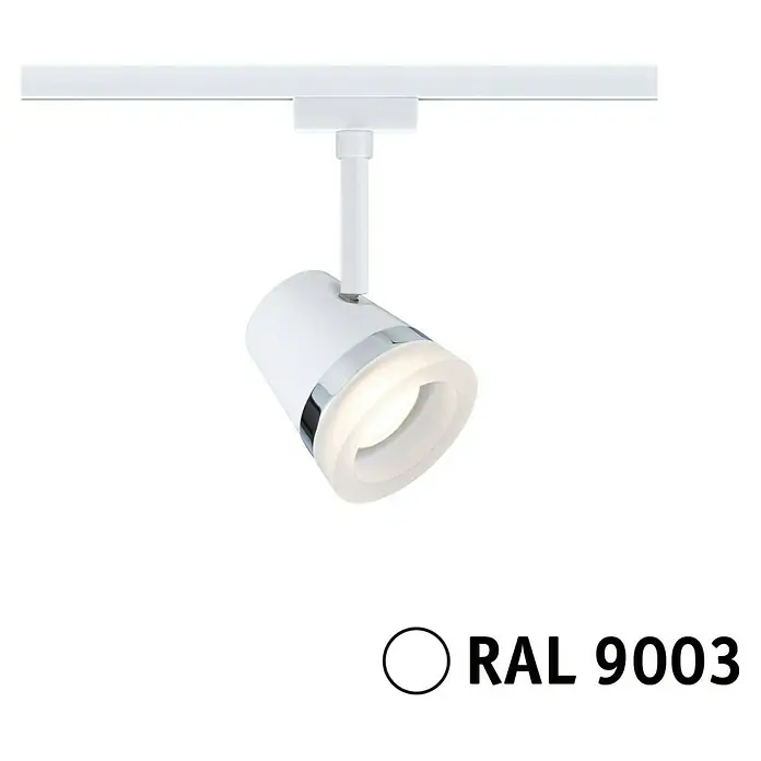 Paulmann URail Spot Cone - Ø x H: 8,5 x 18 cm, GU10, Ohne Leuchtmittel, Signalweiß - Nahaufnahme eines weißen LED-Deckenspots mit Chromdetails, RAL 9003, ideal für moderne Innenräume.